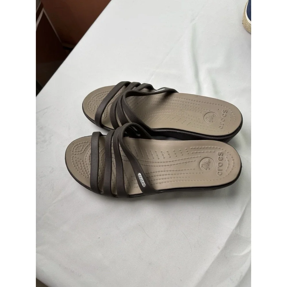 Crocs Brown Rhonda Slide Wedge Sandals Women Size 10 W Excellent Condition